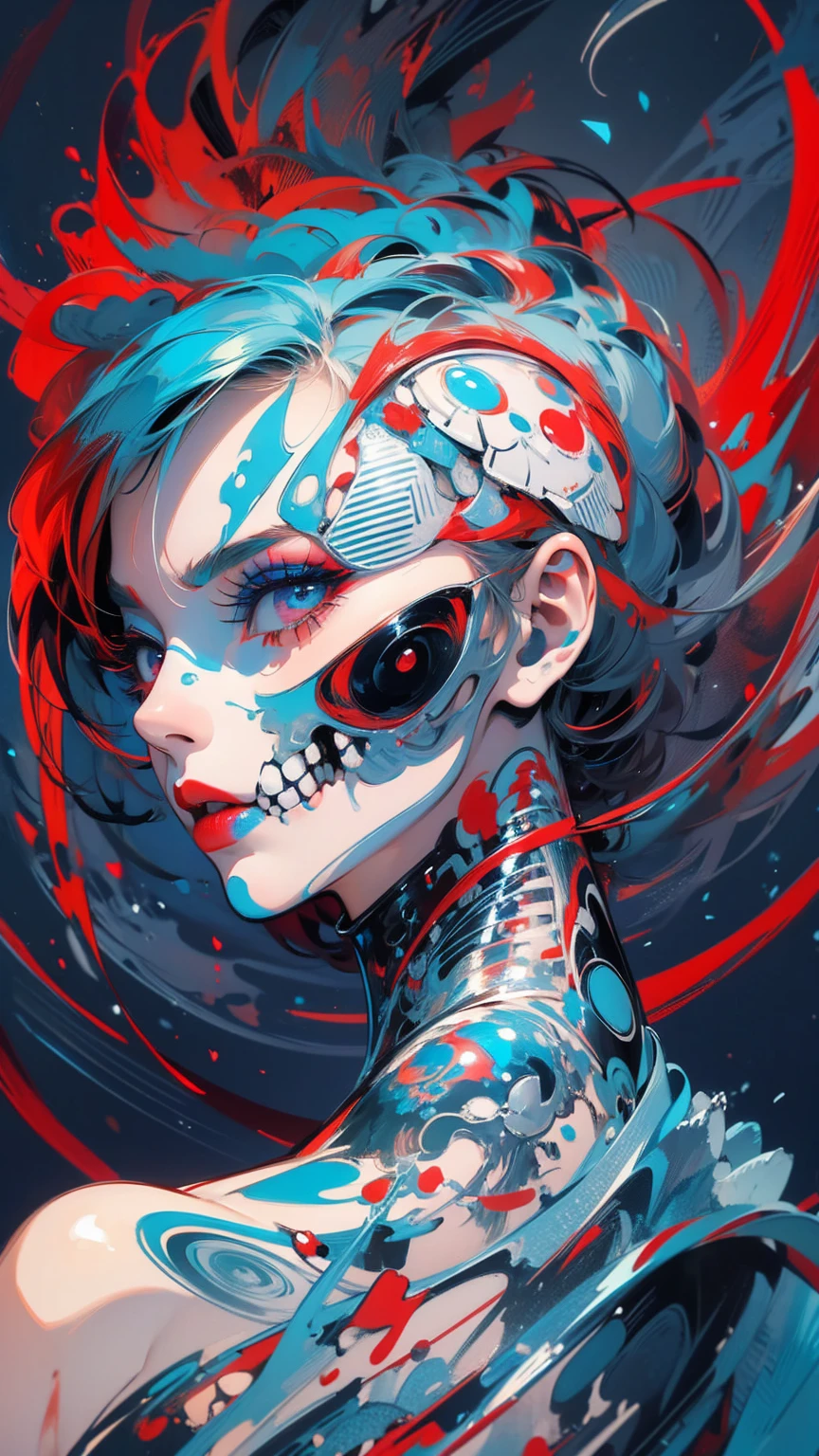 (masterpiece, High resolution, highest quality), Skull with short hair, Avant-garde makeup, Fashion pose, fashionable, Off the shoulder, Bodysuits, large claws;, Disorganized, Red and blue swirl, abstract design, artistic juxtapositions, High contrast, mixed-media approach, Anime Style, Simple lines, Digital Painting,