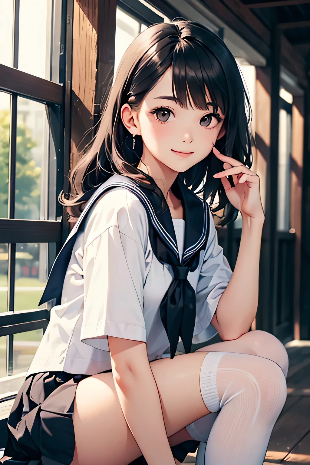 highest quality、High resolution、Detailed Background、Teenage Girl、Black Hair、Sexy wavy hairstyle、Perfect body line、Calm atmosphere、Elegant and cute、well-groomed eyebrows、Feminine atmosphere、Cute gestures、A big smile、Happy expression、
Sheer sailor suit、light blue sailor color、Checkered pleated mini skirt、White knee-high socks、Amusement park date、A close-up of a sailor collar from the side、cute
