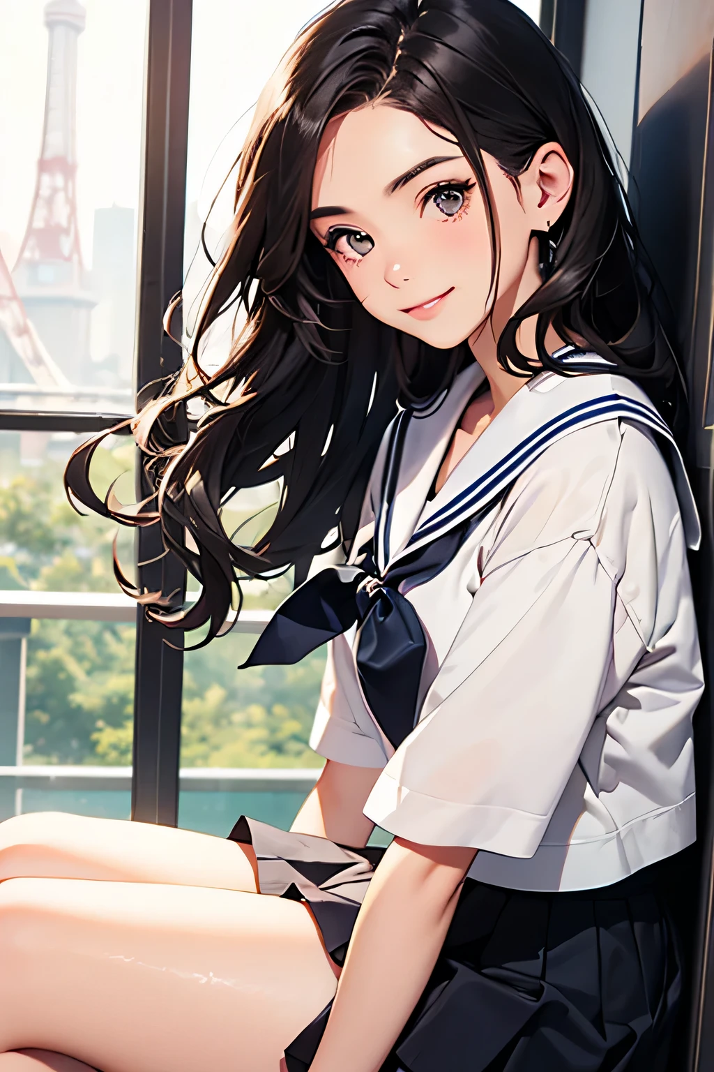 highest quality、High resolution、Detailed Background、Teenage Girl、Black Hair、Sexy wavy hairstyle、Perfect body line、Calm atmosphere、Elegant and cute、well-groomed eyebrows、Feminine atmosphere、Cute gestures、A big smile、Happy expression、
Sheer sailor suit、light blue sailor color、Checkered pleated mini skirt、White knee-high socks、Amusement park date、A close-up of a sailor collar from the side、cute