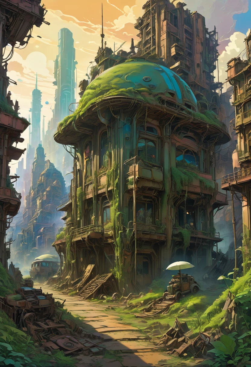 Post-Apocalyptic Wasteland, by Studio Ghibli and Alphonse Mucha, best quality, masterpiece, very aesthetic, perfect composition, intricate details, ultra-detailed