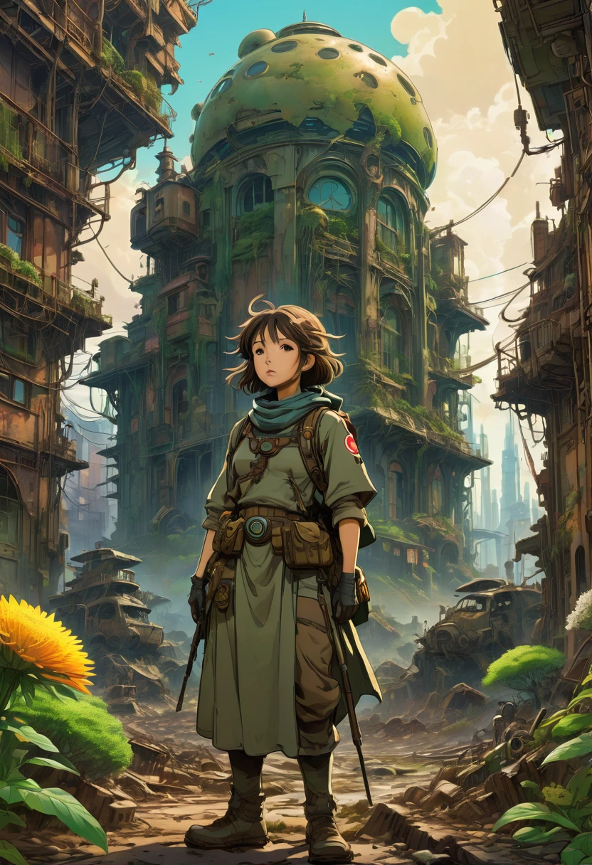 Post-Apocalyptic Wasteland, by Studio Ghibli and Alphonse Mucha, best quality, masterpiece, very aesthetic, perfect composition, intricate details, ultra-detailed