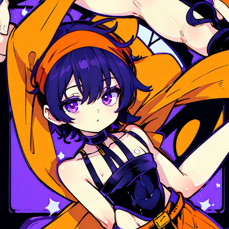 Thin and lacking muscle、boy、Slim body、Anatomically correct、Eyebrows、Narancha、Purple Eyes、orange,short hair,iris,Black Hair,A light smile, choker,Wristband,head band,belt,,Wristband,Under the pants,長いorange色のチェック柄サロン, (masterpiece:1.2),(highest quality:1.2),pixiv
