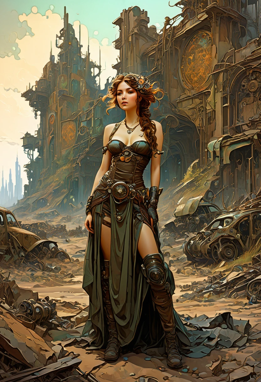 Post-Apocalyptic Wasteland, by Alphonse Mucha, best quality, masterpiece, very aesthetic, perfect composition, intricate details, ultra-detailed