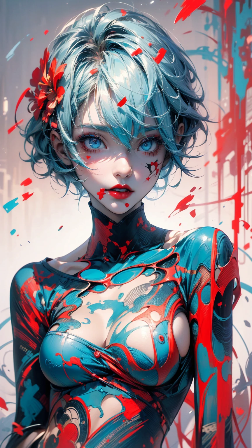 (masterpiece, High resolution, highest quality), Skull with short hair, Avant-garde makeup, Fashion pose, fashionable, Off the shoulder, Bodysuits, large claws;, Disorganized, Red and blue swirl, abstract design, artistic juxtapositions, High contrast, mixed-media approach, Anime Style, Simple lines, Digital Painting,
