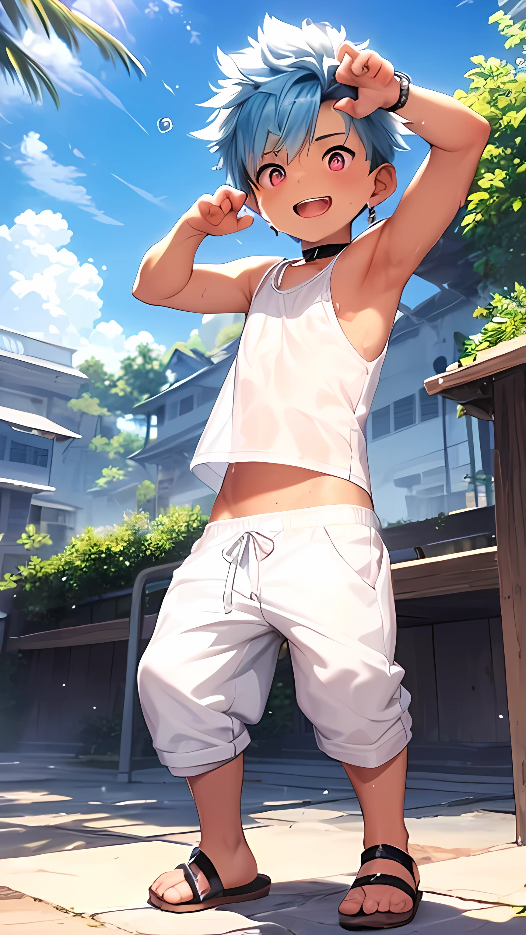 (shota:1.5), (baggy white tank top:1.5), (white bikini pants:1.5), (small penis), (claw pose:1.3), wind blowing, (((best quality))), (((masterpiece))), (((ultra detailed))), (skinny:1.3), (spiked hair), (wind blowing), ((light blue hair)), wine red eyes, raised arms, ((smiling)),  (open mouth), ((earrings)), blue sky, grass, (choker on neck), full body shot, armpits, sweaty skin, ((wet clothes)), nipple, center, beach sandals,