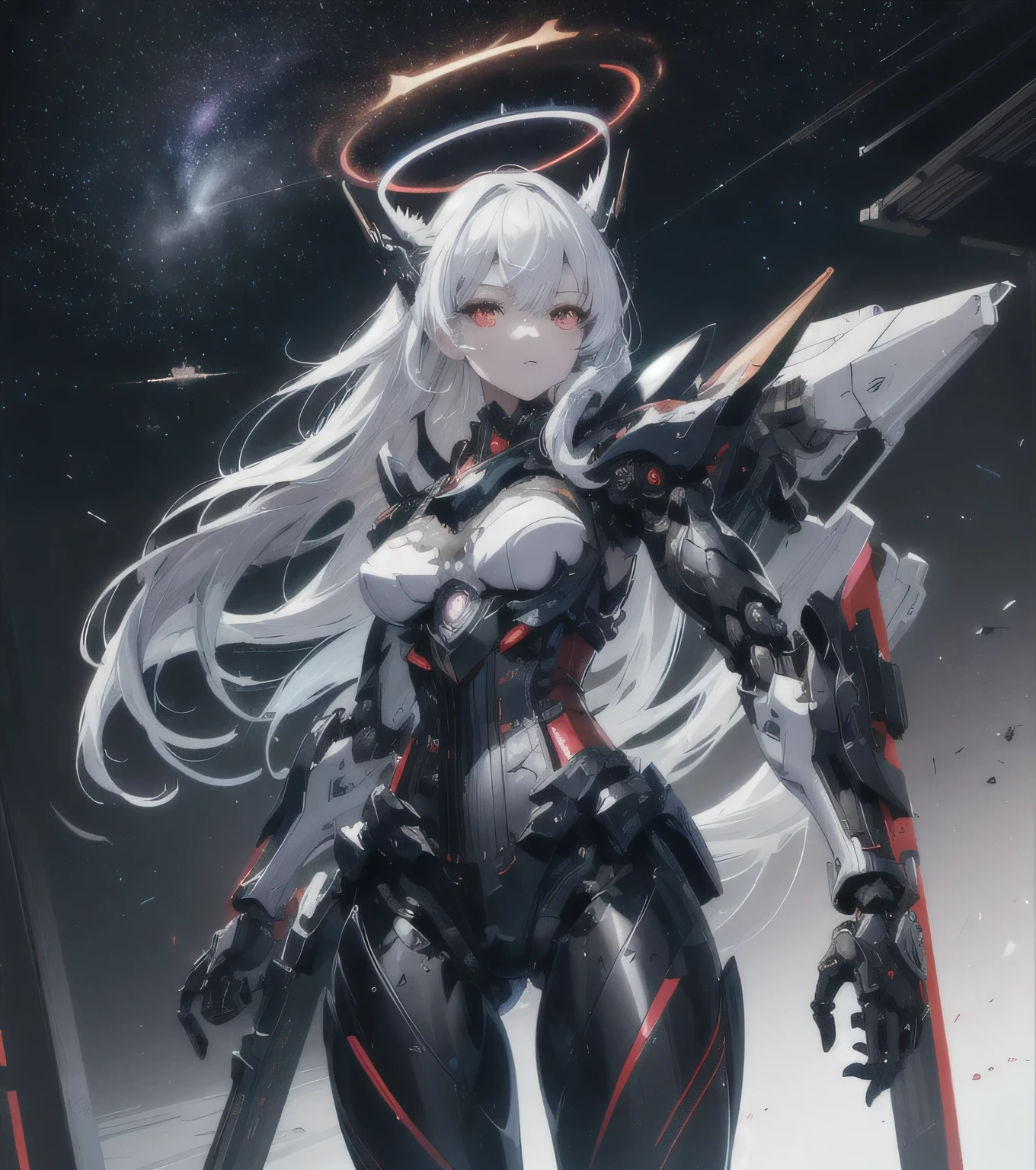 masterpiece,best quality,Super detailed,Very detailed illustrations,Extremely detailed,Intricate details,high resolution,Super intricate details,Extremely detailed 8k cg wallpaper,Cowboy shooting, Caustic lines,reflection,Ray Tracing,demon theme,nebula,Dark aura,Network Effects, (1 Girl:1.4),Solitary,Solitary,Mecha Maiden,Mechanical Parts, joint,Single robotic arm, hat, Mechanical Halo,Hello Star,Complex mechanical tights, Mecha corset, fully armed, Very long hair,white hair, Hair between the eyes, Colorful hair, Colored undercoat, Red Eyes,Glowing eyes,line of sight, Random Expression,Random actions, Japanese architecture,pond, Starry Sky,Skyline,