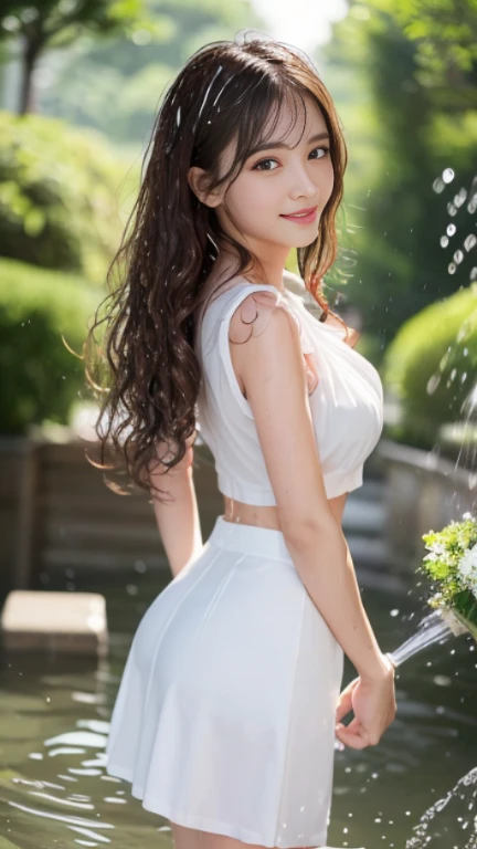 highest quality,masterpiece,超A high resolution,RAW Photos,One Girl,Japanese、Loose perm hair、length、brown hair、Smiling face、Professional photography、Eye contact with the audience、Same skin type as humans、A woman dressed in Japan from head to toe、Blur the background、Anatomical accuracy、Very detailed and beautiful、Ultra HD、length、Her hair is flowing and sexy、Very detailed beautiful girl、Shoulder-length hair、Floristのスタッフ,Florist、(White long skirt:1.4)、(Tight sleeveless top is wet:1.4)、(Water from a hose splashes on me:1.4)、(Water gets on clothes:1.2),(Her underwear is visible:1.4)、(Accentuate your butt:1.2)、Panty lines