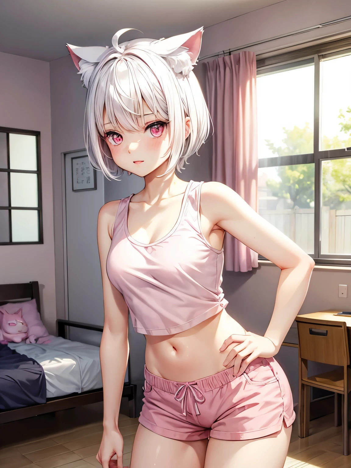 White hair. Short hair. anime girl. Pink eyes. Nekomimi. Pink tanktop. Short pants. 1girl. Bedroom.