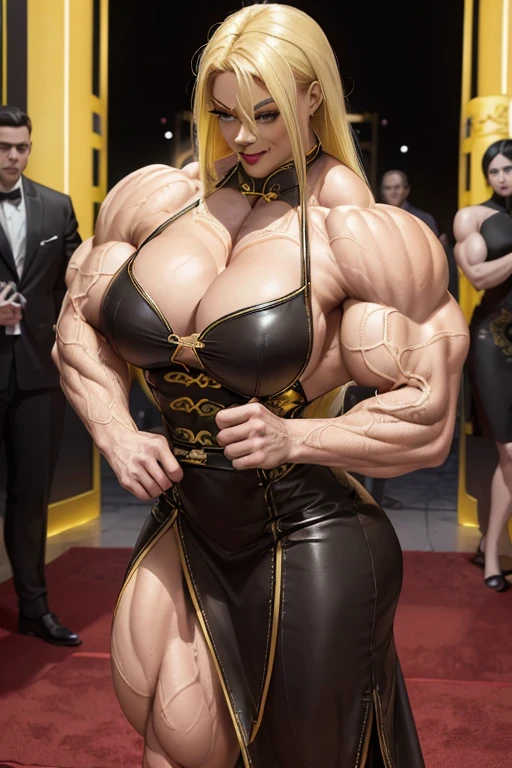 ((((Massive tall, beautiful, buff, light brown skinned, muscular woman with yellow hair, black lipstick, ginormous bulky muscles and wearing a beautiful long black leather cheongsam dress)))), close view, vascular, massive muscle, (massive biceps), hyper muscle shoulders, vascular shoulders, hyper muscle triceps, (flowing long hair), gray eyes, long high heels, cocky smile, ((in Hollywood red carpet)), evening, Vascular arms, hyper vascular arm, hyper muscles arms, hyper muscle legs, massive buff arms.