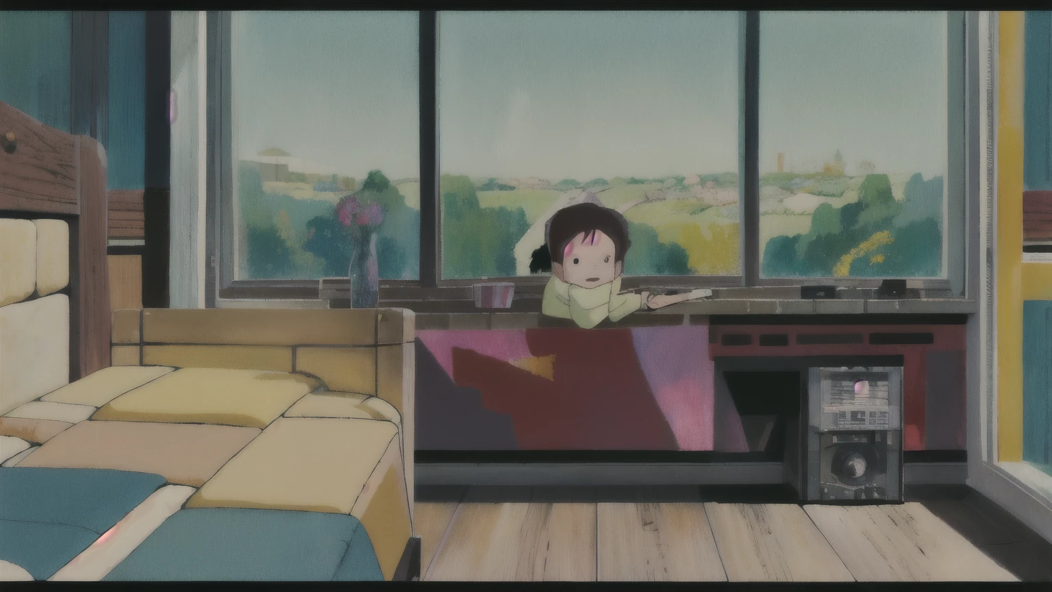Polychrome, colorful, Detailed Background, masterpiece, highest quality, Spring Morning,Morning sun shining through the window,A girl lazing around listening to music,,lo-fi,Inside the room