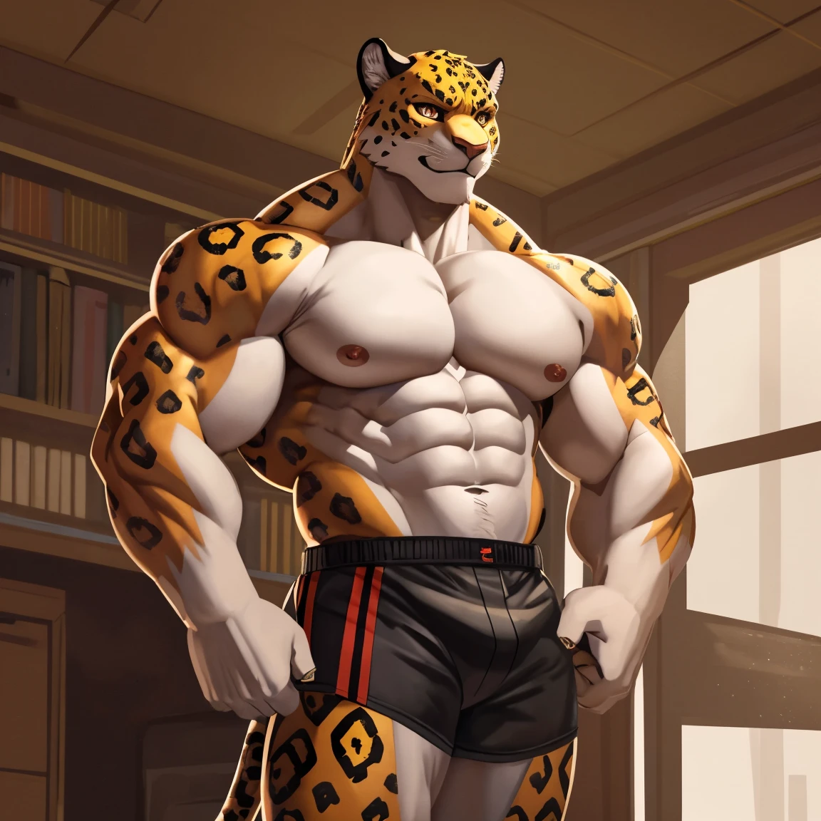 Medium muscular, jaguar, eyes, orange eyes, perfect eyes, shirtless, in black shorts, By raccoon21