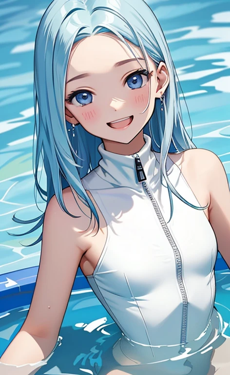 (masterpiece:1.4、top-quality、illustration:1.4,realistic、)、(character focus、breast focus,upper body:1.3)、(1girl),(Open mouth happy grin:1.3),(half closed eyes),cute face,blue eyes、()、
,(stand:1.4),(Shining smile),
,(slender),(turtleneck holder zipper white swimsuit:1.3),(long blue hair:1.6,forehead:1.3), (small breasts:1.3)、
、slender、pool,、