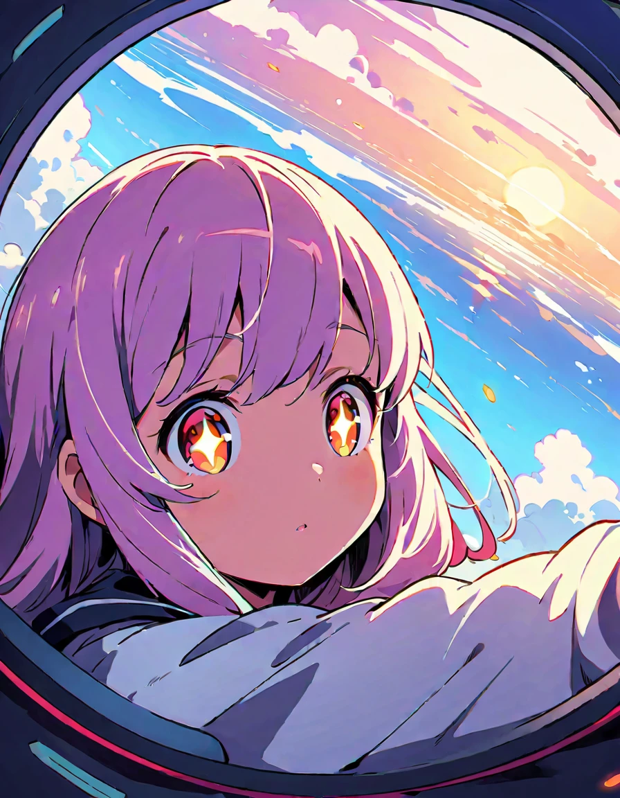 (highest quality、masterpiece、High resolution、detailed)、Anime Style、Flat Style、extremely detailed、High saturation、(Shining Eyes、detailed美しい顔), BREAK,anime style, super fine illustration, highly detailed, dynamic angle, beautiful detailed, 8k, In a spaceship, a 10-year-old girl gazes at the Earth through a window, her eyes sparkling as she sees it for the first time.