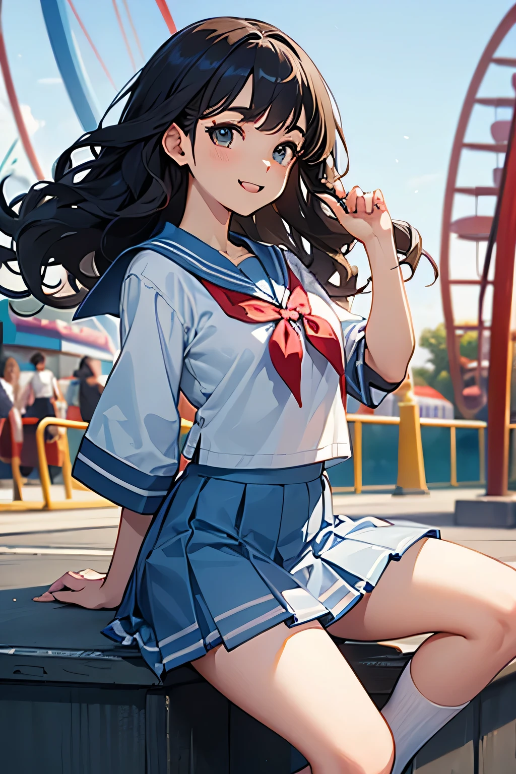 highest quality、High resolution、Detailed Background、Teenage Girl、Black Hair、Sexy wavy hairstyle、Perfect body line、Calm atmosphere、Elegant and cute、well-groomed eyebrows、Feminine atmosphere、Cute gestures、A big smile、Happy expression、
Sheer sailor suit、light blue sailor color、Checkered pleated mini skirt、White knee-high socks、Amusement park date、A close-up of a sailor collar from the side、cute