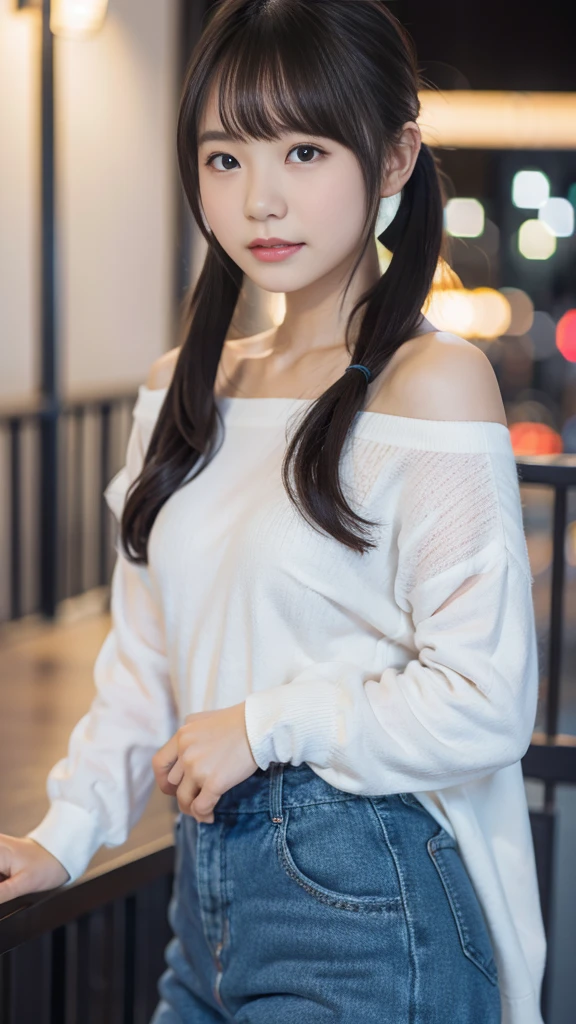 (highest quality,masterpiece:1.3,Ultra-high resolution),(Very detailed,8K),(Realistic:1.4,RAW shooting)。blurred background、Looking at the audience、Shy expression、18-year-old girl、Twin tails。A cup breasts、City of night。Night view。