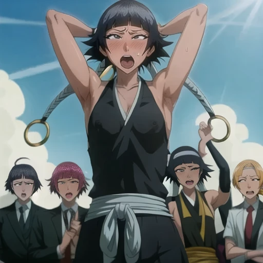 (Super delicate skin),(Ahegao), (flat chest:1.4), (The nipples can be seen through the clothes),(muscular:1.35),flirtatious, 1 female, solitary, Black flowing hair, eternal, Japanese clothing, No underwear,Small Breasts, No eyeballs, For the audience, Looking at the audience, tired, From below, (Exposed armpit:1.1), ((armpit:1.2)), Sexy pose, (sweat),(More and more sweat),(Ahegao), (Roll your eyes), Naughty face, blush, open mouth, Sticking out tongue, saliva, Slobber,Runny nose,Sloppy person,Skinny