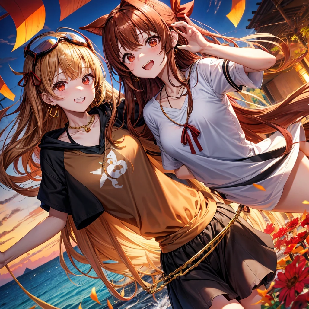 Brown, red, gold, golden hair、Red eyes、One good looking girl、solo、anime、Checkered mini skirt、Black camisole、Black T-shirt、hoodie、Wearing a ribbon、Ribbon on waist、Crystal Earrings、Gemstone Necklace、Light and shadow、Tilting face、Teeth are visible、waterfall、Kuroko、wearing goggles on head、tunnel、pylon、Sunset sky、Towering、frilled lizard