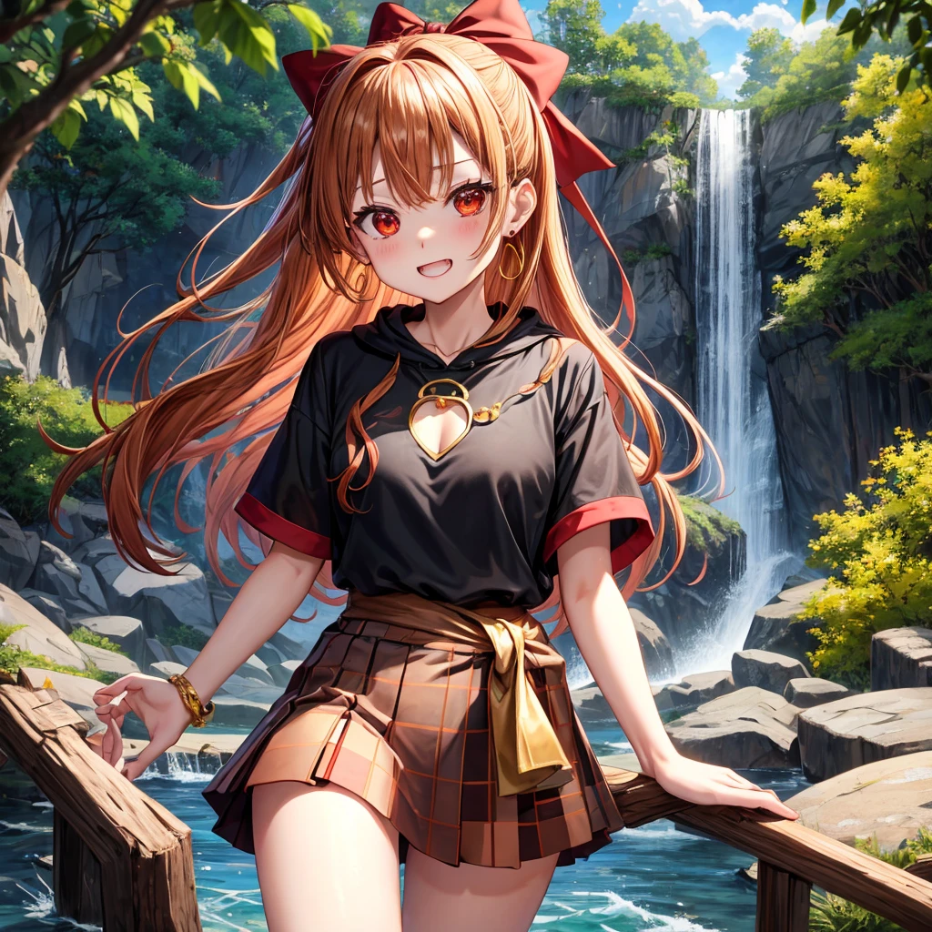 Brown, red, gold, golden hair、Red eyes、One good looking girl、solo、anime、Checkered mini skirt、Black camisole、Black T-shirt、hoodie、Wearing a ribbon、Ribbon on waist、Crystal Earrings、Gemstone Necklace、Light and shadow、Tilting face、Teeth are visible、waterfall、Kuroko、wearing goggles on head、tunnel、pylon、Sunset sky、Towering、frilled lizard