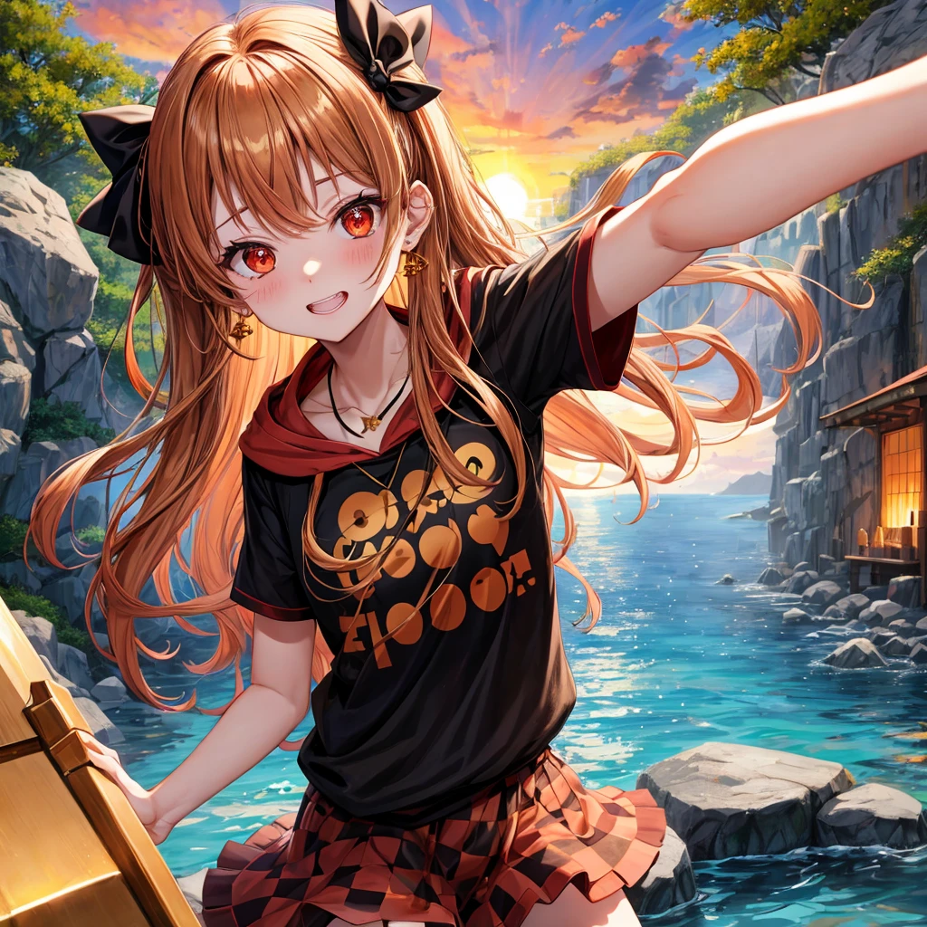 Brown, red, gold, golden hair、Red eyes、One good looking girl、solo、anime、Checkered mini skirt、Black camisole、Black T-shirt、hoodie、Wearing a ribbon、Ribbon on waist、Crystal Earrings、Gemstone Necklace、Light and shadow、Tilting face、Teeth are visible、waterfall、Kuroko、wearing goggles on head、tunnel、pylon、Sunset sky、Towering、frilled lizard