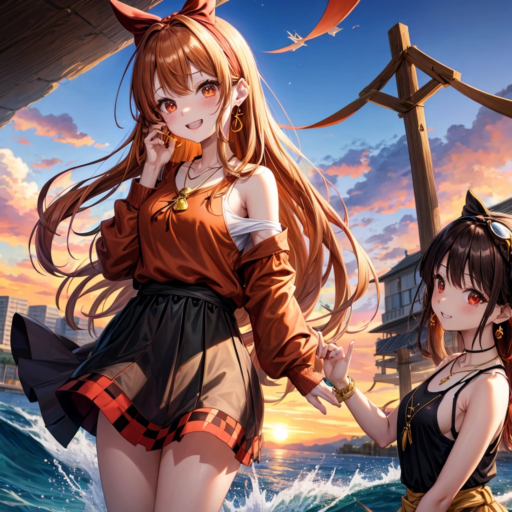 Brown, red, gold, golden hair、Red eyes、One good looking girl、solo、anime、Checkered mini skirt、Black camisole、Black T-shirt、hoodie、Wearing a ribbon、Ribbon on waist、Crystal Earrings、Gemstone Necklace、Light and shadow、Tilting face、Teeth are visible、waterfall、Kuroko、wearing goggles on head、tunnel、pylon、Sunset sky、Towering、frilled lizard