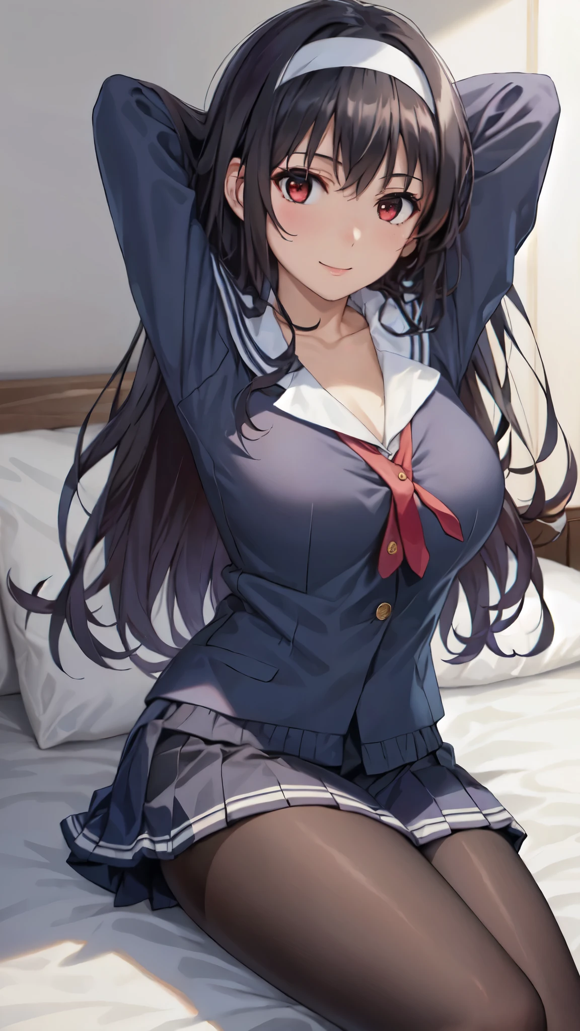 masterpiece, highest quality, One girl, lying, hands up,anime,Aesthetic Anime Eyes,26 years old,Smile,alone, Long Hair, Black Pantyhose, Black Hair, Long Straight Hair,Red eyes, (Red tie),(Pleated skirt), large breasts,White hair band, bangs, (Jacket),(arms behind head)Bedroom,bed,arms behind back,White pillow,