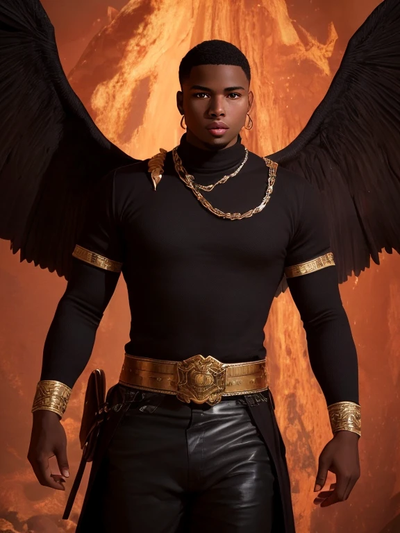 (best quality,highres,masterpiece:1.2),ultra-detailed,(realistic:1.37),(fantasy,kingdom) a black boy(30 years old:1.1), [red power], [tan to black color skin], [black cloth], behind him a [dark power], dark energey black [dark black energy out from his body], his body out from it dark power. fight a lot of devils and demons