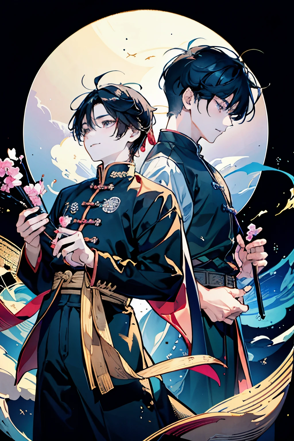 ((Two boys around 16 years old)),(古代中国風のgod官のような赤と白の衣装),((A dragon shining like crystal as it rises into the sky)),((Long black hair:1.35)),Hair tied to one side,smile,A fantastic atmosphere,(god々Shii),((They are staring at each other))