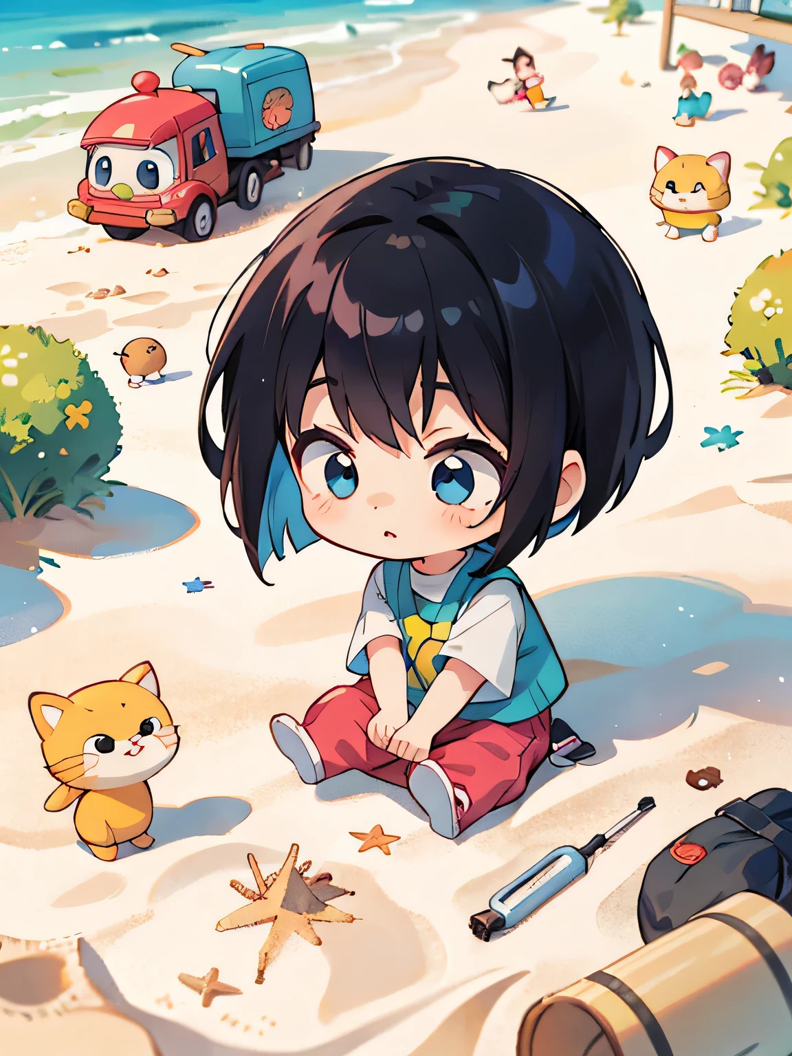 akira toriyama style, Kawaii Design, (((many people)))、most beautiful girl ever、Chibi, Colorful bob hair、((Lots of friends))、Playing in the sand together、kindergarten