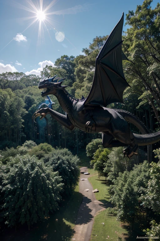 Draw an elf, flying on a silver-black dragon in the bright blue sky, there are two suns in the sky, fantastic forest below.