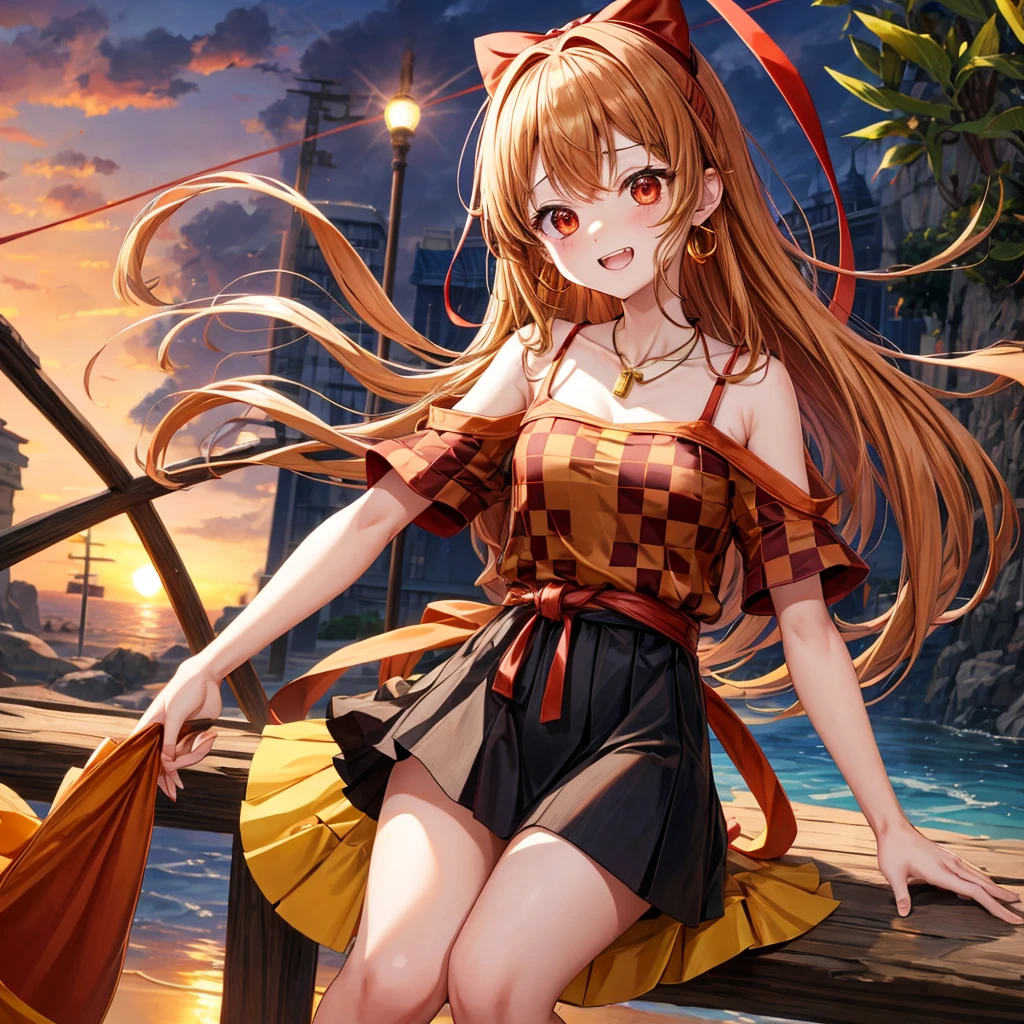 Brown, red, gold, golden hair、Red eyes、One good looking girl、solo、anime、Checkered mini skirt、Black camisole、Black T-shirt、hoodie、Wearing a ribbon、Ribbon on waist、Crystal Earrings、Gemstone Necklace、Light and shadow、Tilting face、Teeth are visible、waterfall、Kuroko、wearing goggles on head、tunnel、pylon、Sunset sky、Towering、frilled lizard