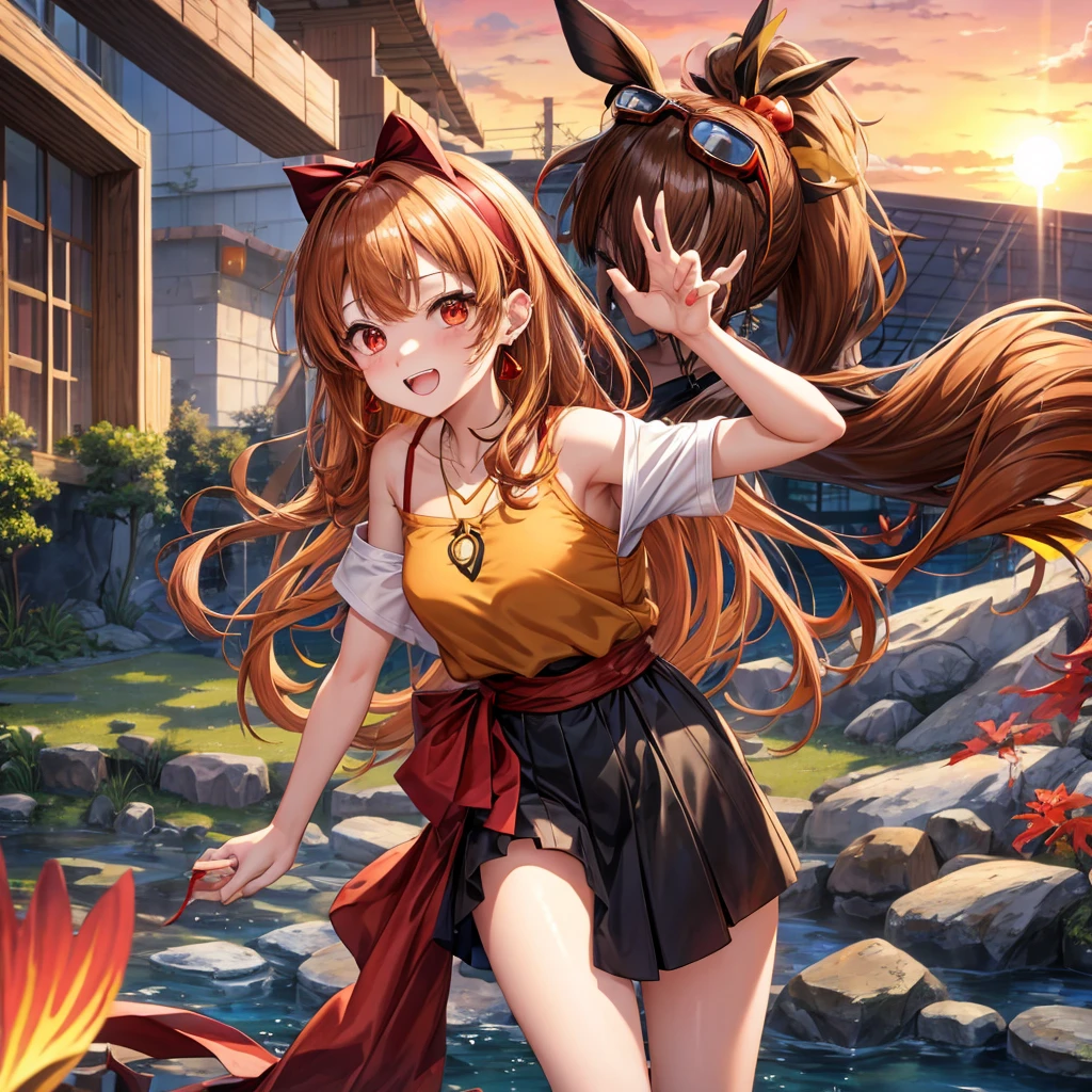 Brown, red, gold, golden hair、Red eyes、One good looking girl、solo、anime、Checkered mini skirt、Black camisole、Black T-shirt、hoodie、Wearing a ribbon、Ribbon on waist、Crystal Earrings、Gemstone Necklace、Light and shadow、Tilting face、Teeth are visible、waterfall、Kuroko、wearing goggles on head、tunnel、pylon、Sunset sky、Towering、frilled lizard