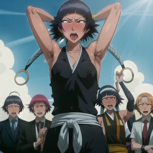 (Super delicate skin),(Ahegao), (flat chest:1.4), (The nipples can be seen through the clothes),(muscular:1.35),flirtatious, 1 female, solitary, Black flowing hair, eternal, Japanese clothing, No underwear,Small Breasts, No eyeballs, For the audience, Looking at the audience, tired, From below, (Exposed armpit:1.1), ((armpit:1.2)), Sexy pose, (sweat),(More and more sweat),(Ahegao), (Roll your eyes), Naughty face, blush, open mouth, Sticking out tongue, saliva, Slobber,Runny nose,Sloppy person,Skinny