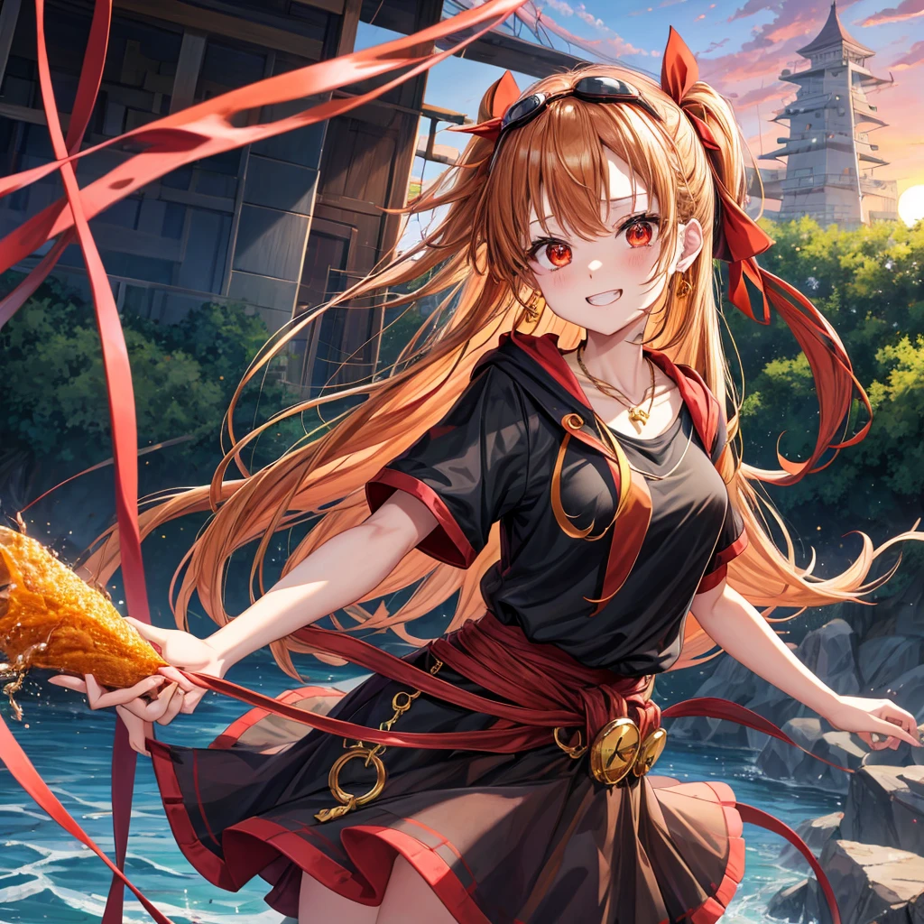 Brown, red, gold, golden hair、Red eyes、One good looking girl、solo、anime、Checkered mini skirt、Black camisole、Black T-shirt、hoodie、Wearing a ribbon、Ribbon on waist、Crystal Earrings、Gemstone Necklace、Light and shadow、Tilting face、Teeth are visible、waterfall、Kuroko、wearing goggles on head、tunnel、pylon、Sunset sky、Towering、frilled lizard