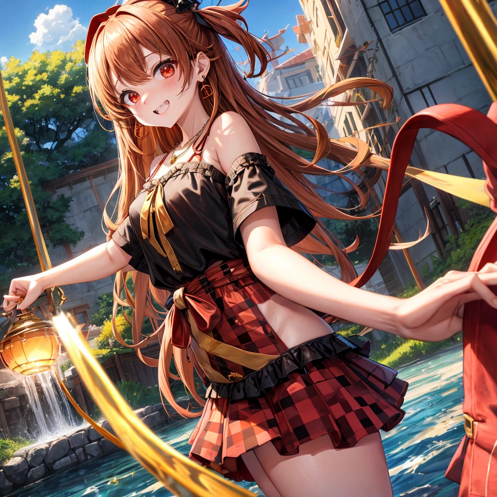 Brown, red, gold, golden hair、Red eyes、One good looking girl、solo、anime、Checkered mini skirt、Black camisole、Black T-shirt、hoodie、Wearing a ribbon、Ribbon on waist、Crystal Earrings、Gemstone Necklace、Light and shadow、Tilting face、Teeth are visible、waterfall、Kuroko、wearing goggles on head、tunnel、pylon、Sunset sky、Towering、frilled lizard