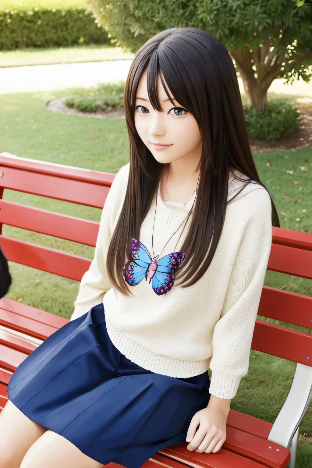Anime girl sitting on a bench with cat and butterfly、Realistic anime cat、Realistic anime art style