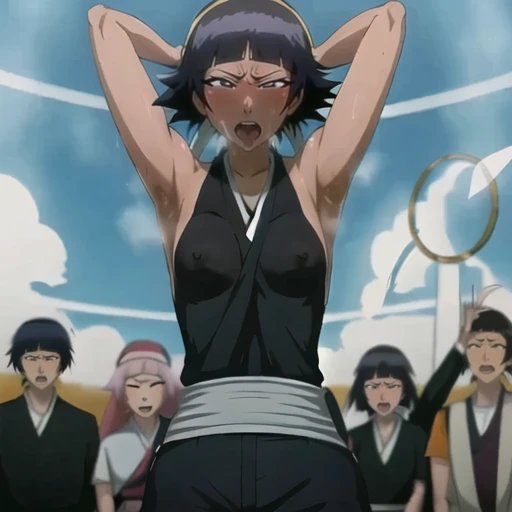 (Super delicate skin),(Ahegao), (flat chest:1.4), (The nipples can be seen through the clothes),(muscular:1.35),flirtatious, 1 female, solitary, Black flowing hair, eternal, Japanese clothing, No underwear,Small Breasts, No eyeballs, For the audience, Looking at the audience, tired, From below, (Exposed armpit:1.1), ((armpit:1.2)), Sexy pose, （sweat）,（More and more sweat）,(Ahegao), (Roll your eyes), Naughty face, blush, open mouth, Sticking out tongue, saliva, Slobber，Runny nose，Sloppy person,Skinny