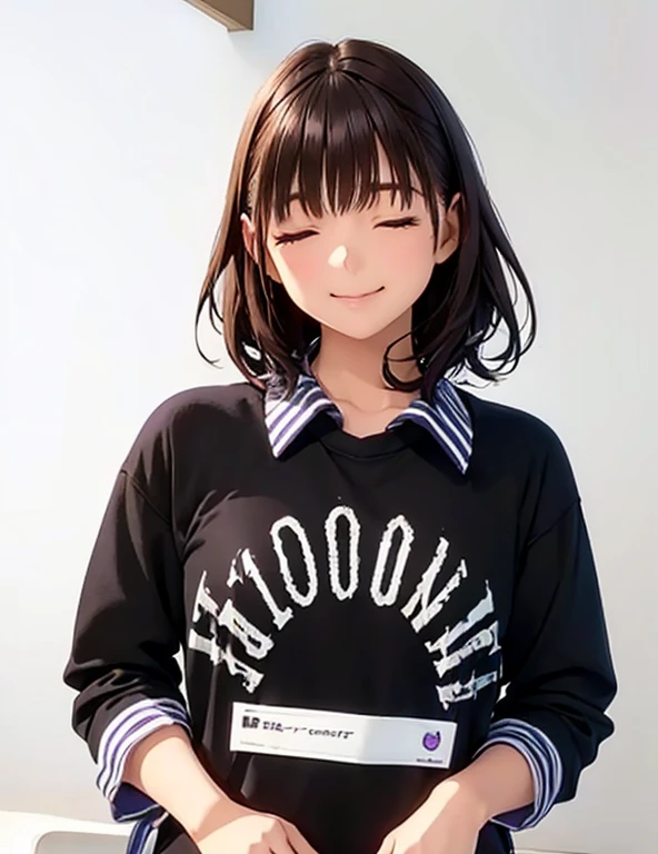High resolution,In 8K,highest quality,detailed,Semi-realistic anime,Anime 3D Style,Smooth anime CG,One Girl,19-year-old woman in Japan,slim,Modeled,Shiny brown hair,Medium Hair,detailedな顔,Beautiful and detailed,Glowing Skin,Long sleeve sweatshirt,straggling hair,Angelic hairstyle,((Deep violet sparkling eyes)),(Small breasts),((Shut your mouth.)),((Laughter)),((eyes closed))