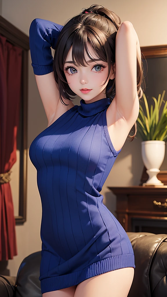 1_girl, solo, sksbrooke person, sksbrooke, (masterpiece:1.2), (best quality:1.2), perfect eyes, perfect face, 1girl, solo, brown eyes, (medium breasts), perky breasts, wearing a blue sweater dress, living room background, arms behind head 