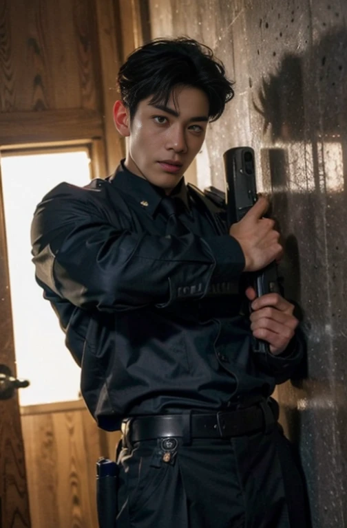 1 young handsome guy，20-25 years old，police officers，Interpol，Police Department，With a gun，Handsome，musculous，Thin muscles，hairy bodies，Police uniform（Fine eye 1：3），Black eyes，full bodyesbian，full bodyesbian