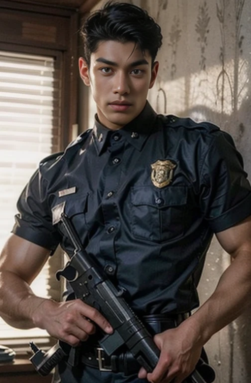 ****ung handsome guy，20-25 years old，police officers，Interpol，Police Department，With a gun，Handsome，musculous，Thin muscles，hairy bodies，Police uniform（Fine eye 1：3），Black eyes，full bodyesbian，full bodyesbian