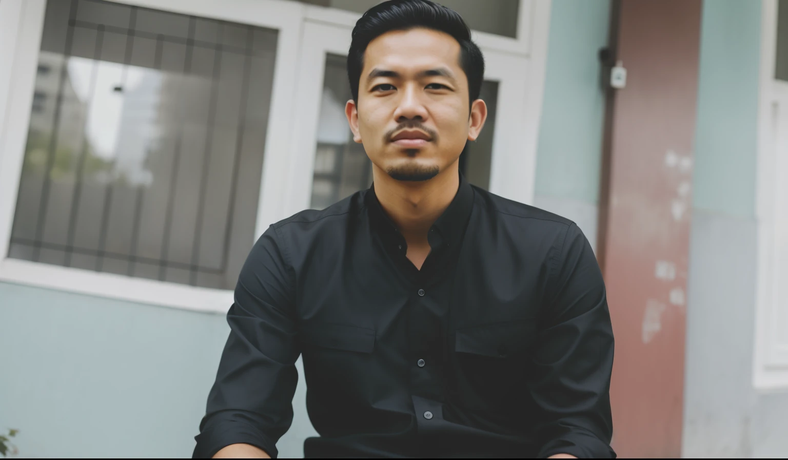 there is a man sitting on a bench in front of a building, ramil sunga, mohamed chahin, john jude palencar, style of ade santora, inspired by Basuki Abdullah, inspired by Bohumil Kubista, ismail, potrait, ayan nag, raden saleh, nivanh chanthara, riyahd cassiem
