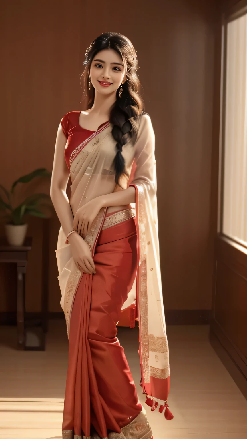 Close up, 24 year old indian woman, Bridal Red silky satin saree, White skin, long dense braided hair, Corn forming Fields landscapes background, ultra realistic, realism, cute, charming, day time, tattooed body, medium height, big eyes, pure Indian style saree, ambient lighting, perfect anatomy, detailed body and face, 8K, Masterpiece, RAW photo, Best quality, Photorealistic, Extremely detailed CG Unity 8K wallpaper, Noval Showing, Most Beautiful smile, ((smile:1.2)), very hot look eyes, Beautiful Smile, standing in the room, full body