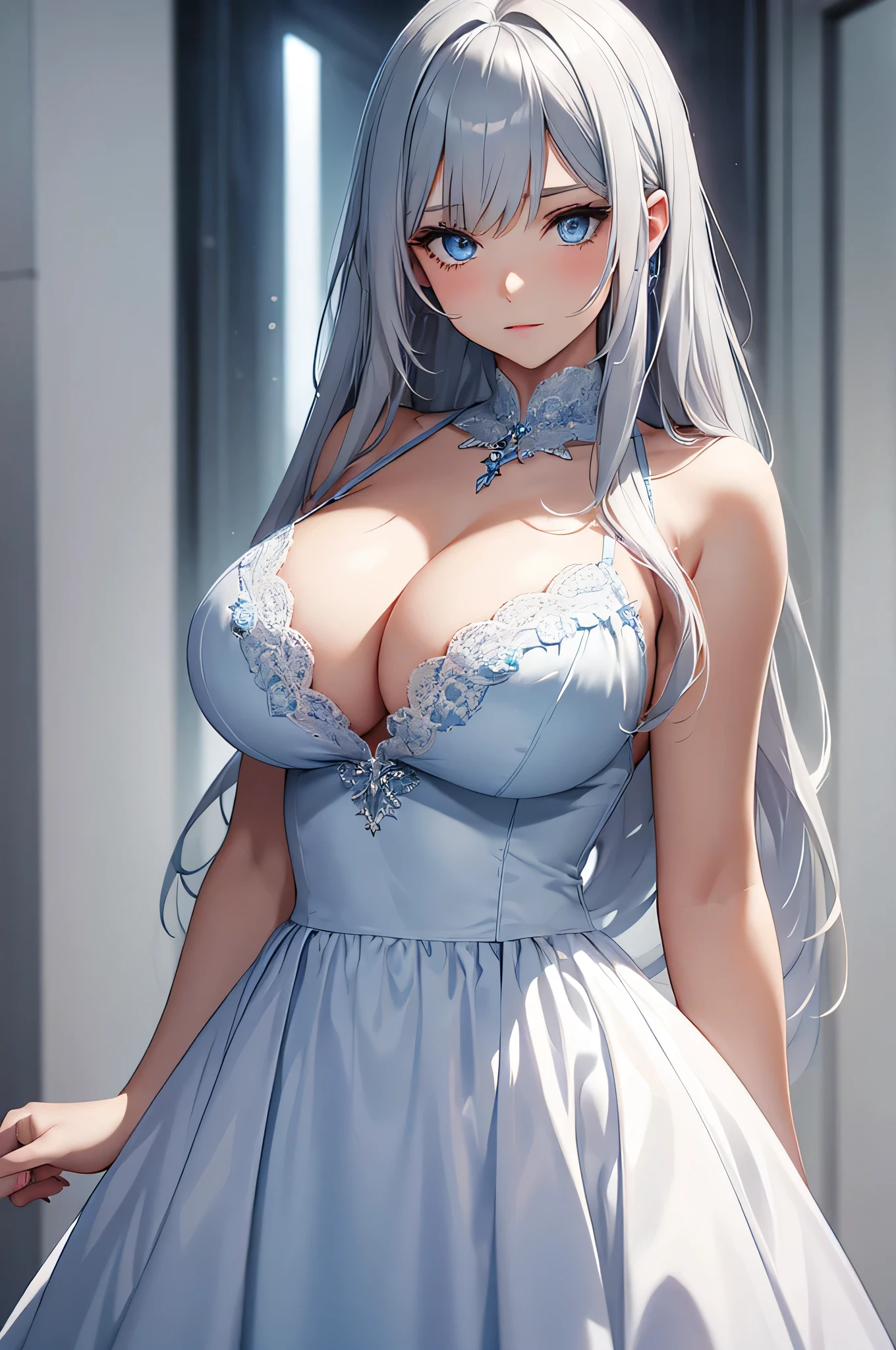 beautiful girl, Gray Hair, blue eyes, White Dress, Big Breasts