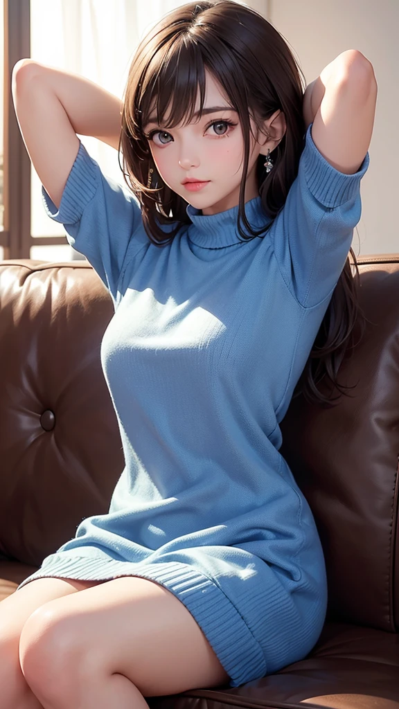1_girl, solo, sksbrooke person, sksbrooke, (masterpiece:1.2), (best quality:1.2), perfect eyes, perfect face, 1girl, solo, brown eyes, (medium breasts), perky breasts, wearing a blue sweater dress, living room background, arms behind head, lying down on couch