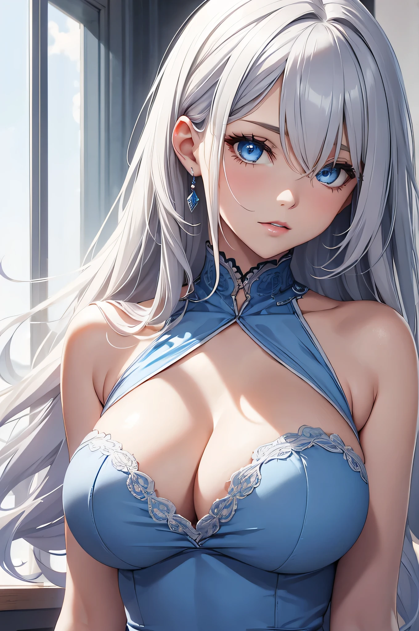 Beauty, Gray Hair, blue eyes, Sexy blue underwear, Big Breasts、Blue hair ornament