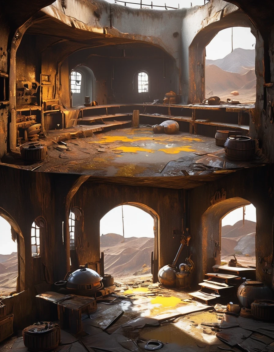 （Underground castle in the wasteland），Side profile，In a post-apocalyptic environment，Inside the underground castle is a modern kitchen and restaurant，Living room and bedroom fully equipped，However, many items on the underground castle are basically dilapidated.，Rust，The form of splicing，Add splash graffiti to create the environment of a wasteland world。Elements such as neon lights will often appear in the doomsday wasteland.。Sun and Wind，Yellow sand rolling，The broken eaves and broken walls are everywhere, and the scene is desolate.。The most important point is that the wasteland world is a world after the collapse of technological civilization.，Productivity setbacks，Material resources are extremely scarce，And scarcity is the essence of the world，The inequality of supply and demand gives things value。