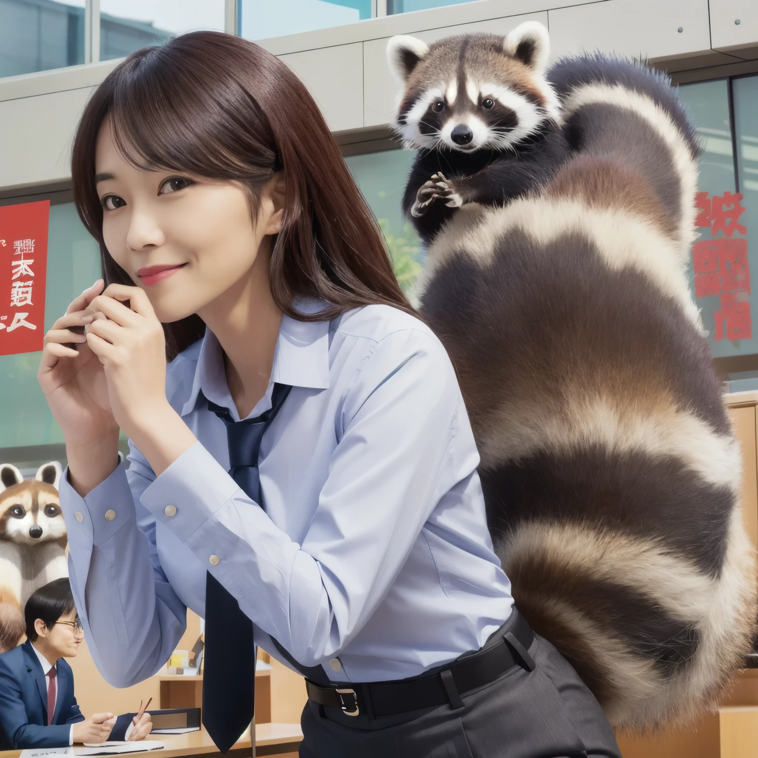 A woman wearing a business suit with a raccoon tail, Red Panda in Propaganda Poster, anthropomorphic raccoon, by Oze Kanaoka, by Kanō Naizen, by Kamisaka Sekka, Japanese illustrator, by Okada Beisanjin, raccoon, by Junsaku Koizumi, photograph, highest quality