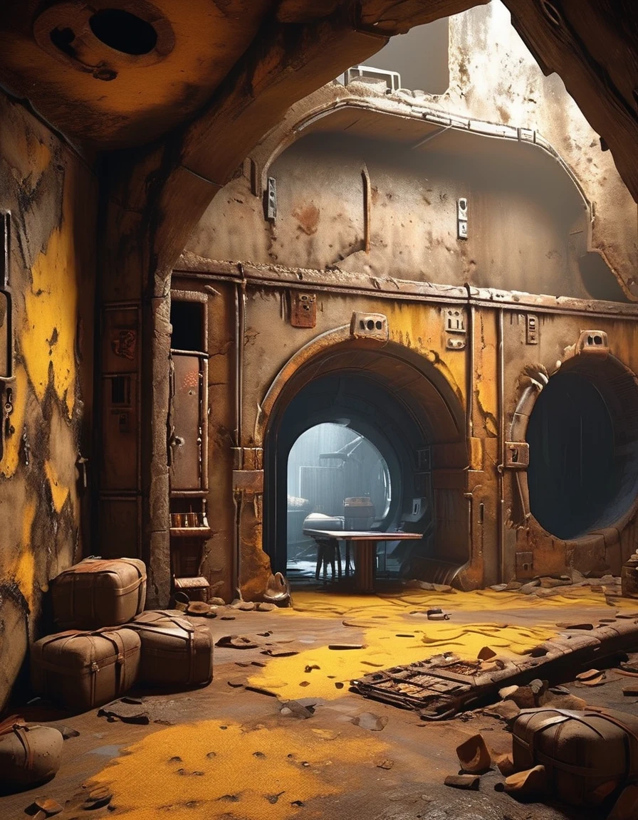 （Underground castle in the wasteland），Side profile，In a post-apocalyptic environment，Inside the underground castle is a modern kitchen and restaurant，Living room and bedroom fully equipped，However, many items on the underground castle are basically dilapidated.，Rust，The form of splicing，Add splash graffiti to create the environment of a wasteland world。Elements such as neon lights will often appear in the doomsday wasteland.。Sun and Wind，Yellow sand rolling，The broken eaves and broken walls are everywhere, and the scene is desolate.。The most important point is that the wasteland world is a world after the collapse of technological civilization.，Productivity setbacks，Material resources are extremely scarce，And scarcity is the essence of the world，The inequality of supply and demand gives things value。