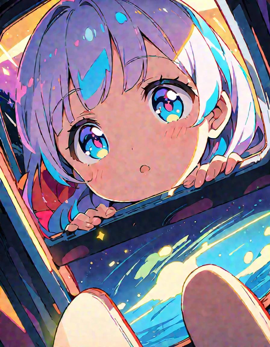 (highest quality、masterpiece、High resolution、detailed)、Anime Style、Flat Style、extremely detailed、High saturation、(Beautiful Eyes、detailed美しい顔), BREAK,anime style, super fine illustration, highly detailed, dynamic angle, beautiful detailed, 8k, In a spaceship, a -yeld gigazes at the Earth through a window, her eyes sparkling as she sees it for the first time.