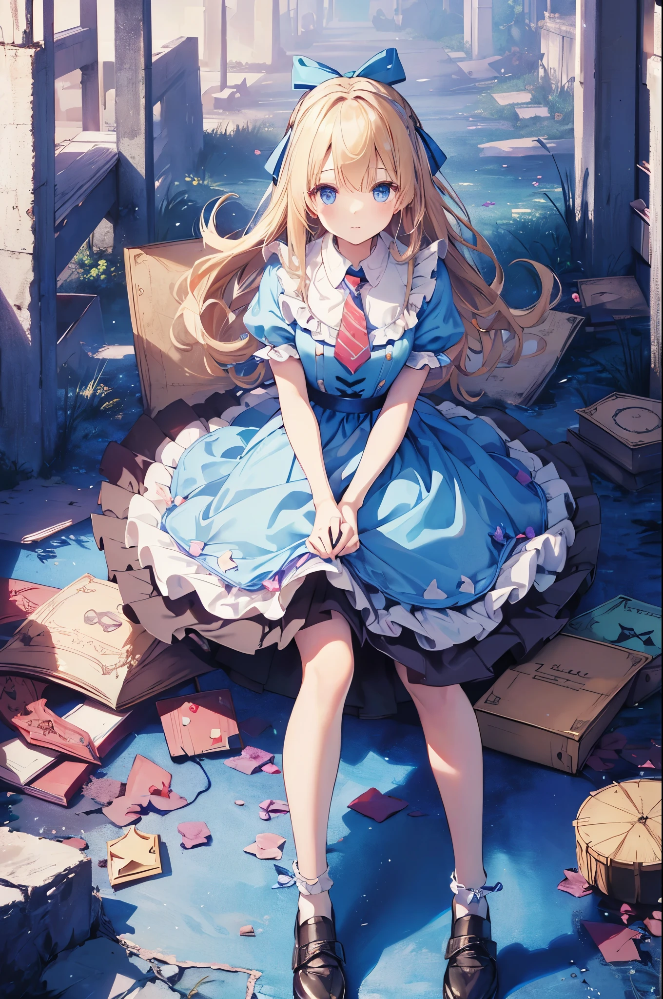 (Official Art、highest quality、Unity 8k wallpaper、32k、masterpiece、Ultra-detailed、超A high resolution)、Fantasy、((Alice in Wonderland))、Blonde、Tie your hair with a ribbon、Blue colored eyes、Blue Apron Dress、White socks、